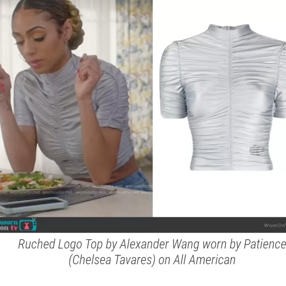 NWT$350 Alexander Wang Ruched Mock Neck Logo Silver Fox Crop Top Back Zip Sz XS - Picture 8 of 15